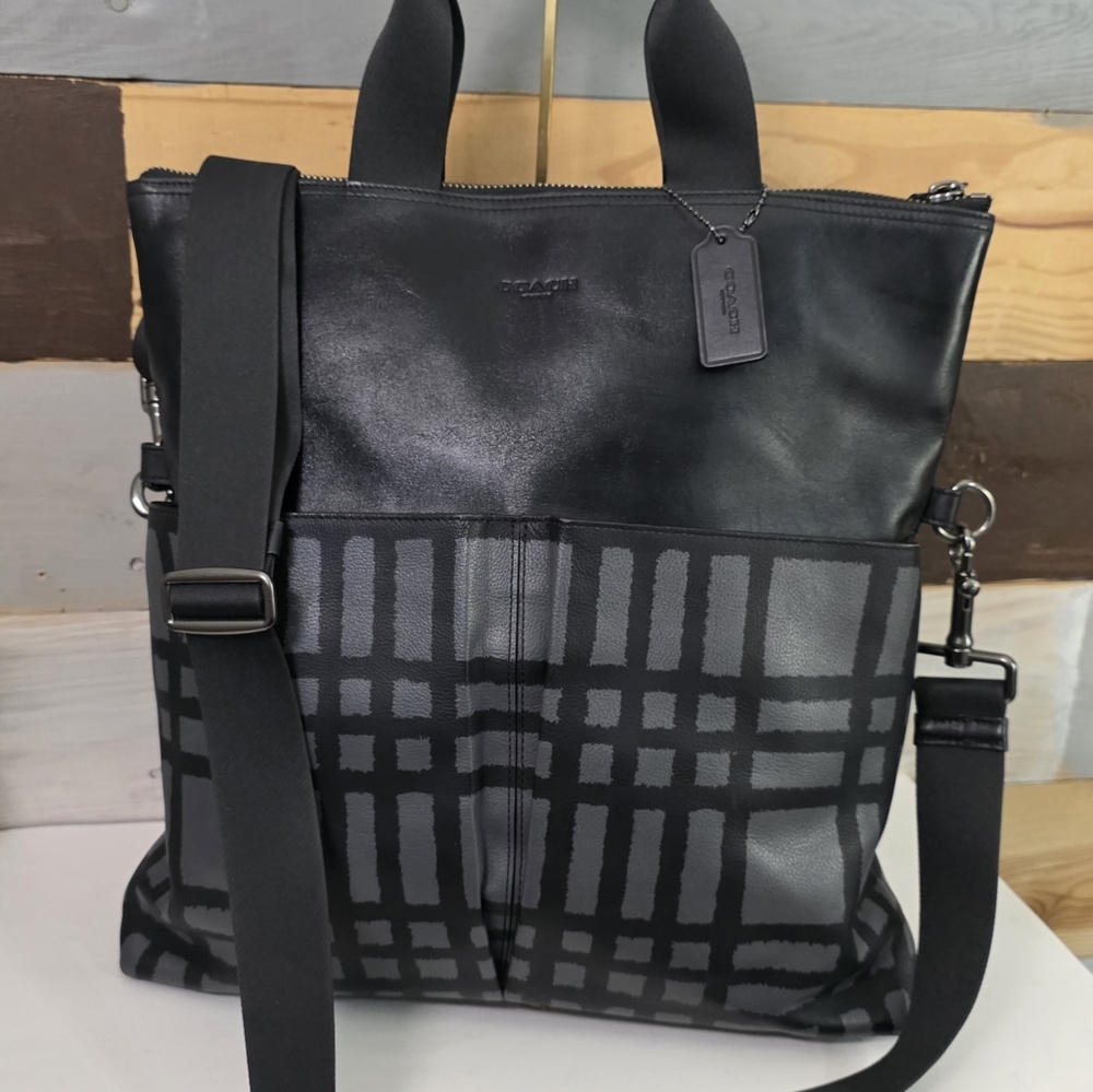 Coach Black Plaid Leather & Canvas Tote - Picture 11 of 16